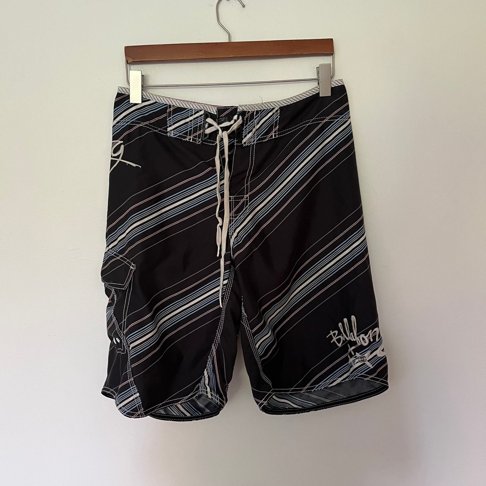 Billabong Mens Board Shorts Size 30 Black Striped Surf Trunks Wax Comb Opener
